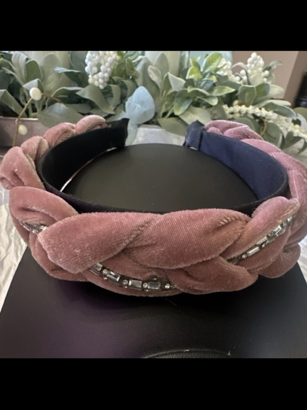 Braided Velvet Headband with Crystal Accents - Pink